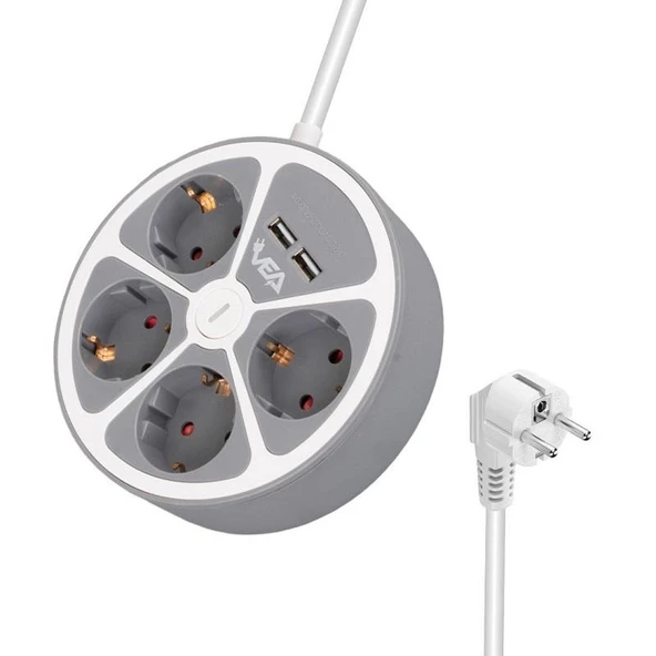 VEA VE-G604YU Yuvarlak Grup Priz 4'Lü 2 USB Girişli 1.5 Metre Anahtarlı - 2