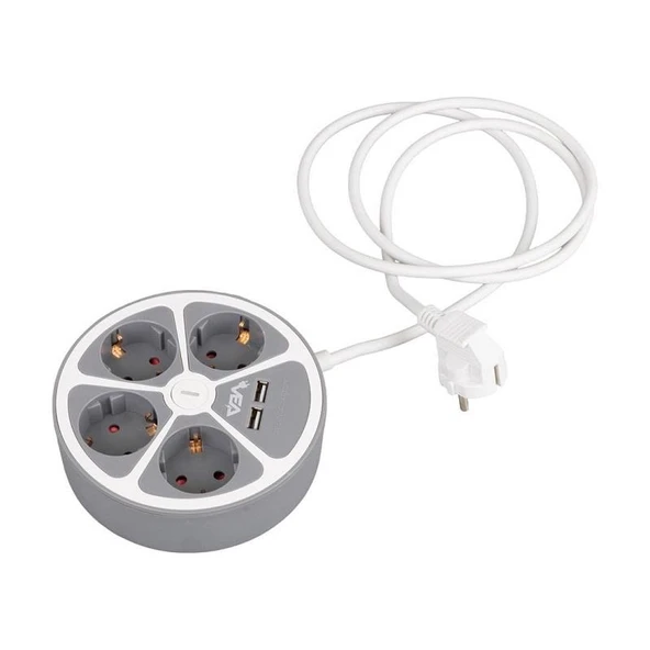 VEA VE-G604YU Yuvarlak Grup Priz 4'Lü 2 USB Girişli 1.5 Metre Anahtarlı - 1