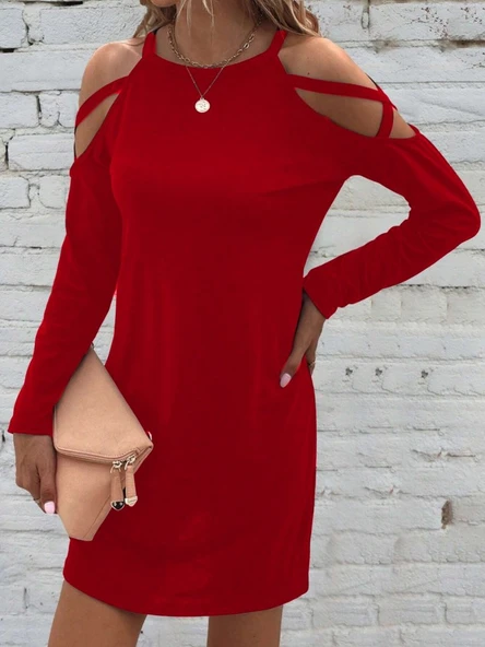 Kadın Uzun Kollu Omuz Açık Askı Detay Viskon Mini Boy Elbise ürün görseli