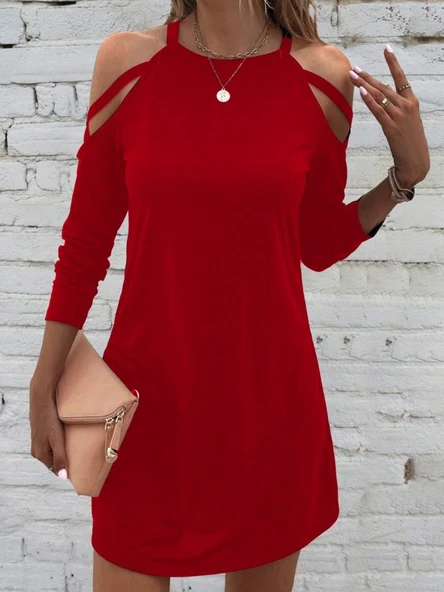 Kadın Uzun Kollu Omuz Açık Askı Detay Viskon Mini Boy Elbise - Resim 3