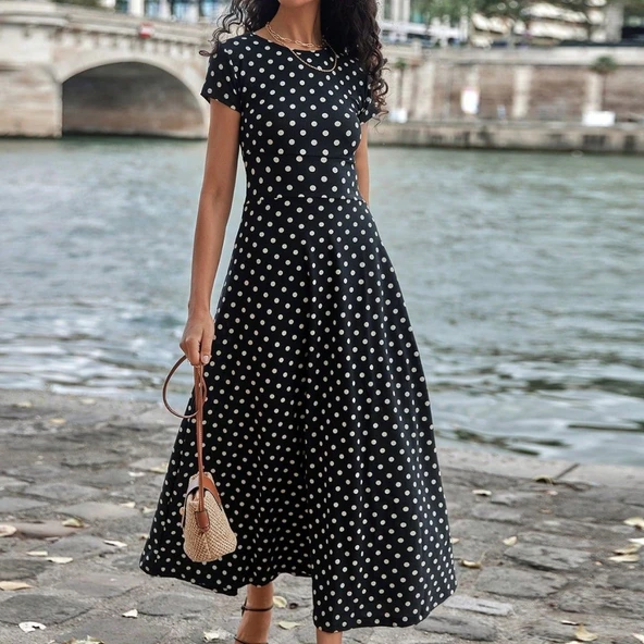 Kadın Kısa Kollu Bisiklet Yaka Puantiyeli Maksi örme Krep Elbise - Resim 7