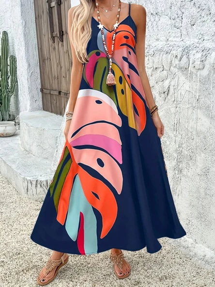 Kadın Ip Askılı V Yakalı Desenli Süprem Maxi Elbise - Resim 3