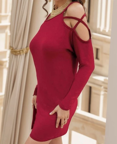 Kadın Uzun Kollu Omuz Açık Askı Detay Viskon Mini Boy Elbise - Resim 6