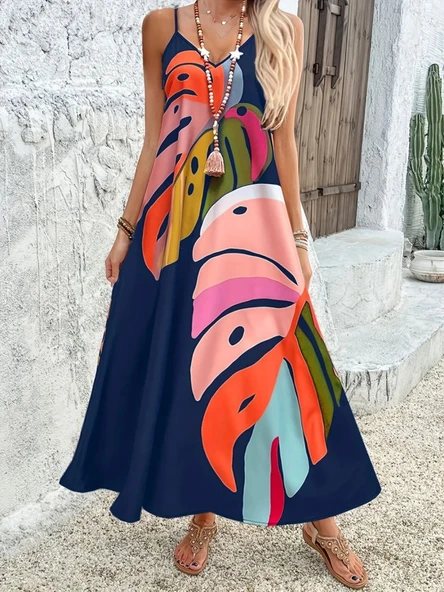 Kadın Ip Askılı V Yakalı Desenli Süprem Maxi Elbise ürün görseli