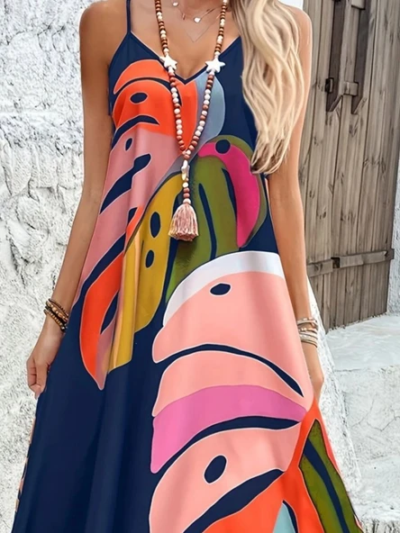 Kadın Ip Askılı V Yakalı Desenli Süprem Maxi Elbise - Resim 2