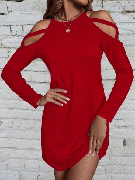 Kadın Uzun Kollu Omuz Açık Askı Detay Viskon Mini Boy Elbise - Resim 2