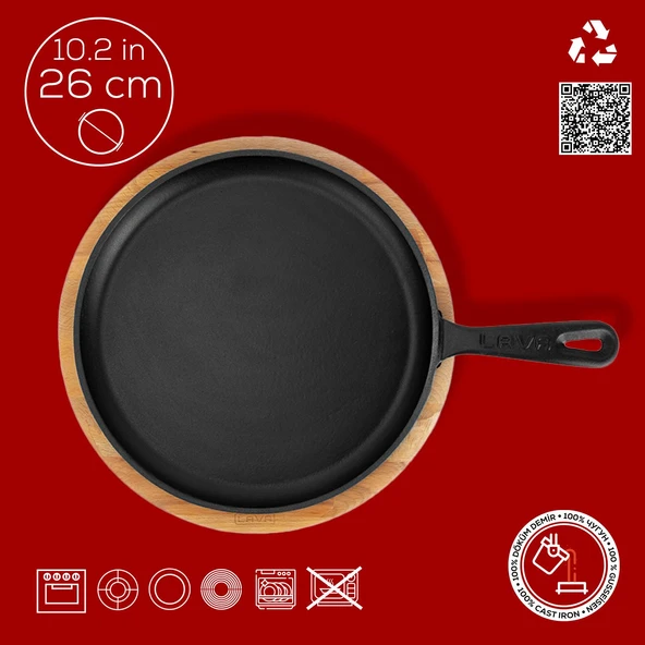 Lava Döküm Yuvarlak Pizza Krep Pankek Tavası Döküm Demir Yekpare Saplı Kayın Servis Ahşabı Çap(Ø)26cm. - Resim 3