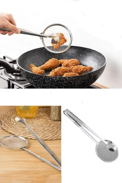 10x28 cm Süzgeçli Kızartma Maşası Çelik Kevgir Mangal Maşalı Haşlama Kevgiri Yağ Süzme Kaşığı - Resim 8