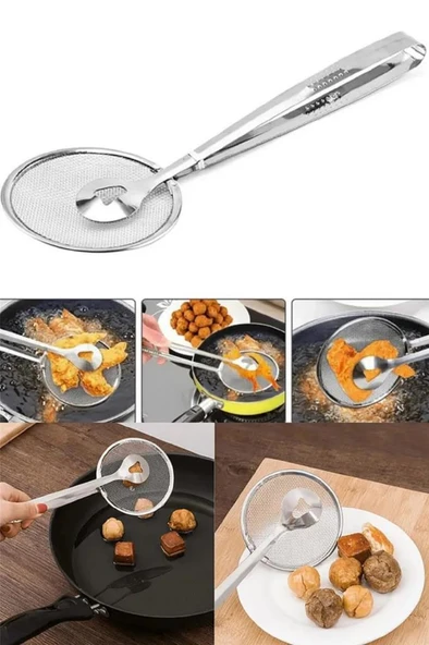 10x28 cm Süzgeçli Kızartma Maşası Çelik Kevgir Mangal Maşalı Haşlama Kevgiri Yağ Süzme Kaşığı - Resim 5