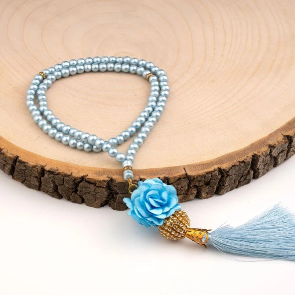 Mini Taşlı Güllü Tesbih Mavi (99lu - 6mm)