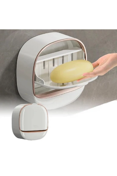 Kapaklı Oval Sabunluk Yapışkanlı Duvara Monte Banyo Mutfak Süngerlik Su Tutmaz Sabun Kutusu - 1