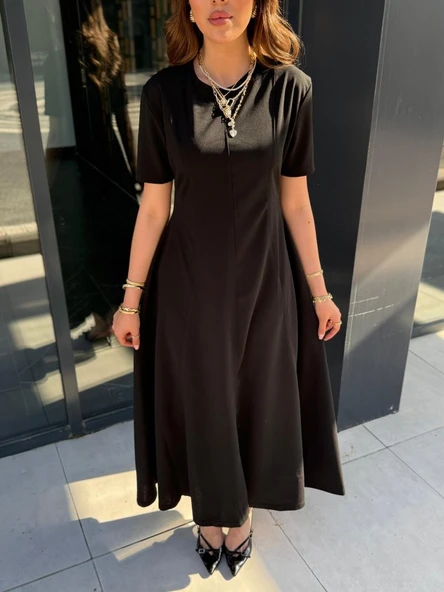 Kadın Kısa Kollu Bisiklet Yaka Maksi Boy Ithal Krep Elbise - Resim 3