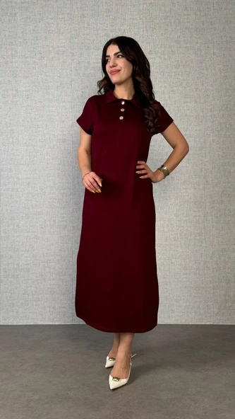 Kadın Kısa Kollu Yakalı Yandan Yırtmaçlı Viskon Iki Iplik Elbise ürün görseli