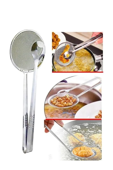 10x28 cm Süzgeçli Kızartma Maşası Çelik Kevgir Mangal Maşalı Haşlama Kevgiri Yağ Süzme Kaşığı ürün görseli 1
