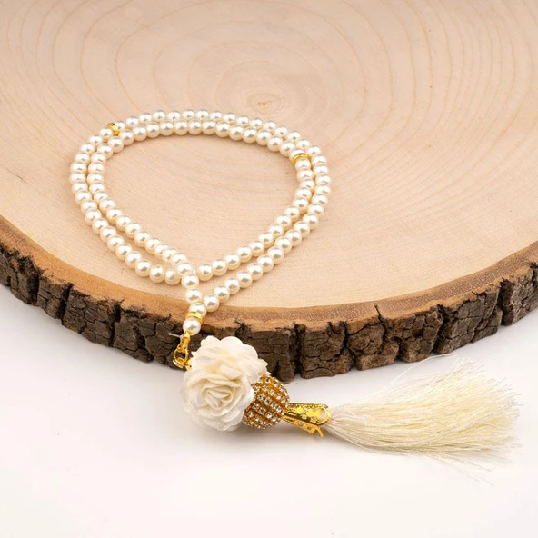 Mini Taşlı Güllü Tesbih Krem (99lu - 6mm)