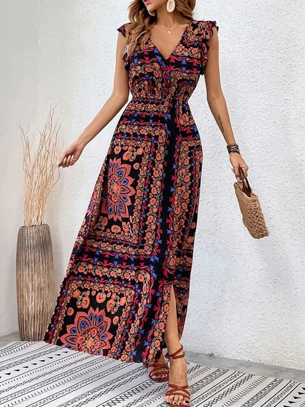 Kadın Kısa Kollu V Yakalı Deseni Yırtmaçlı Süprem Elbise - Resim 2