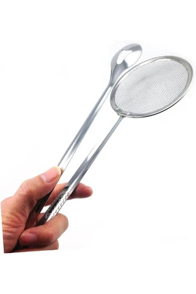 10x28 cm Süzgeçli Kızartma Maşası Çelik Kevgir Mangal Maşalı Haşlama Kevgiri Yağ Süzme Kaşığı - Resim 2