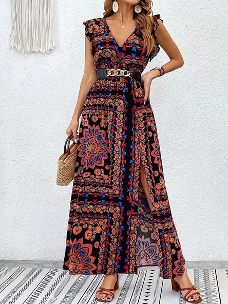 Kadın Kısa Kollu V Yakalı Deseni Yırtmaçlı Süprem Elbise - Resim 6