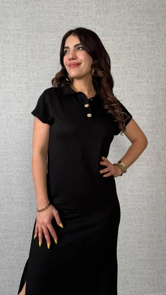 Kadın Kısa Kollu Yakalı Yandan Yırtmaçlı Viskon Iki Iplik Elbise - Resim 2