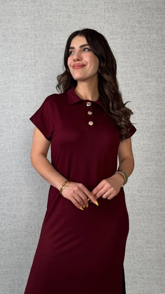 Kadın Kısa Kollu Yakalı Yandan Yırtmaçlı Viskon Iki Iplik Elbise - Resim 2