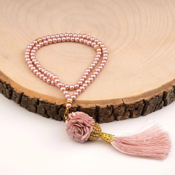 Mini Taşlı Güllü Tesbih Pembe (99lu - 6mm)