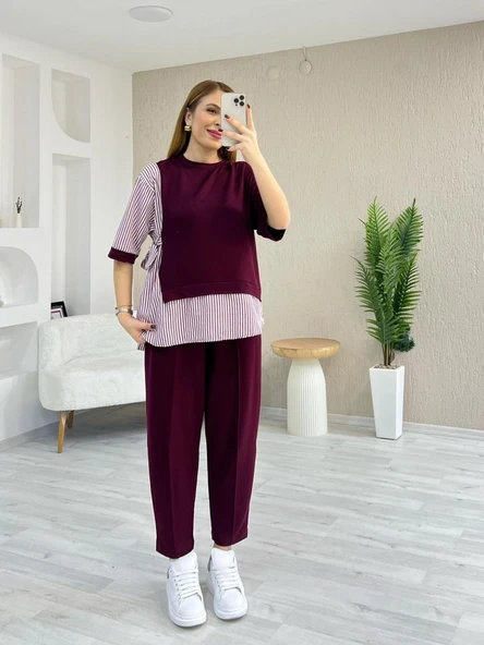 Kadın Kristal 2 Iplik Kumaş Yanları çizgili Takım - Resim 3