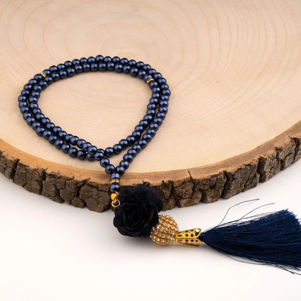 Mini Taşlı Güllü Tesbih Lacivert (99lu - 6mm)