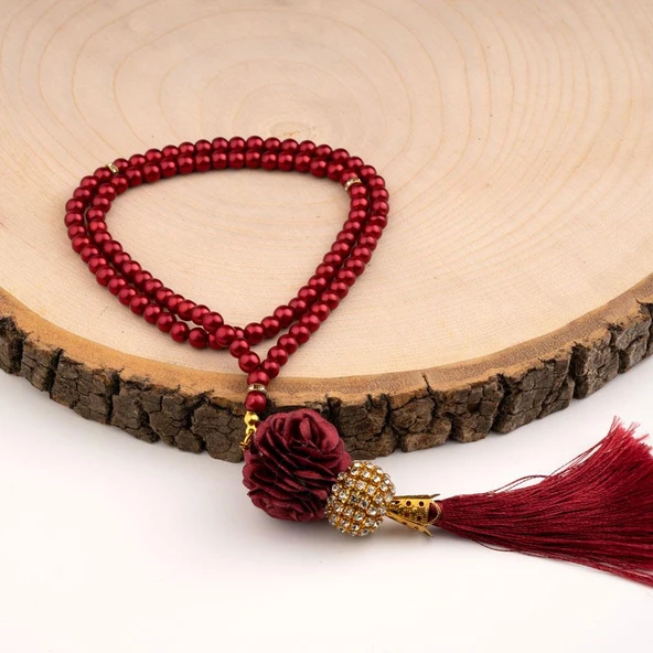 Mini Taşlı Güllü Tesbih Bordo (99lu - 6mm)