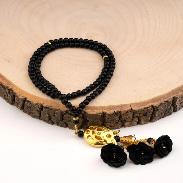 Laleli Güllü Tesbih Siyah (99lu - 6mm)