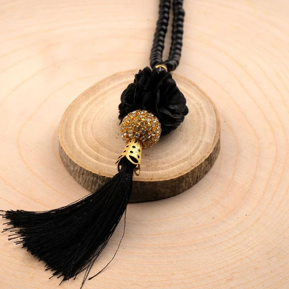 Mini Taşlı Güllü Tesbih Siyah (99lu - 6mm) - 2