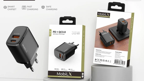 MobiLX M-02 38W Çift Portlu PD + QC 3.0 Hızlı Şarj Adaptörü | USB-A & Type-C - 2