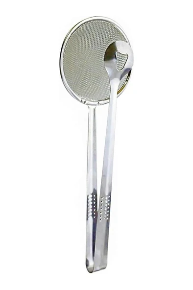 10x28 cm Süzgeçli Kızartma Maşası Çelik Kevgir Mangal Maşalı Haşlama Kevgiri Yağ Süzme Kaşığı - Resim 6