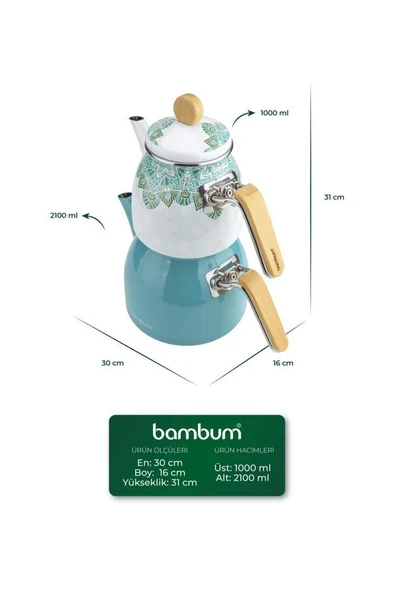 Bambum Unique - Bambu Kulplu Emaye Çaydanlık Takımı Turkuaz - Resim 4