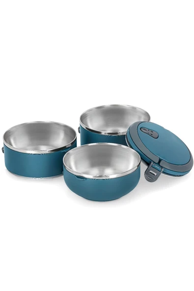 Penguen kulplu çelik sefer tası - yemek termosu saklama kabı 3 katlı antrasit mavi - Resim 3