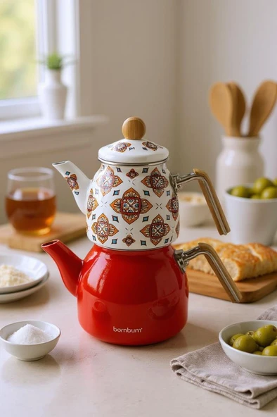 Bambum Unique - Bambu Kulplu Emaye Çaydanlık Takımı Turuncu ürün görseli