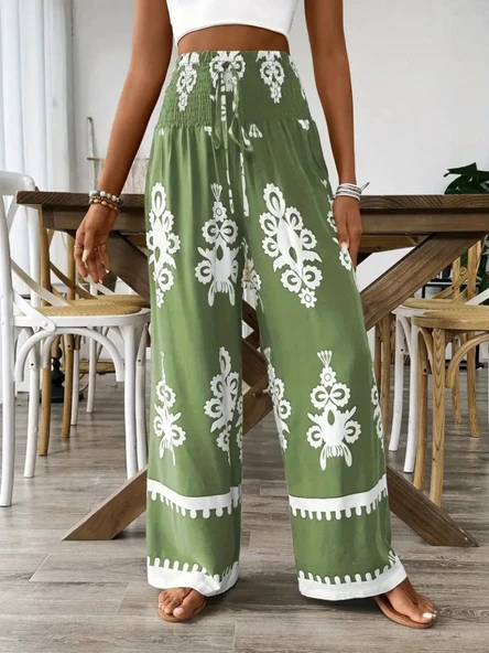 Kadın Yüksek Bel Büzgülü Etnik Desen Baskılı Süprem Pantolon ürün görseli