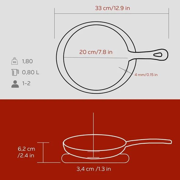 Lava Döküm Yuvarlak Pizza Krep Pankek Tavası Döküm Demir Yekpare Saplı Çap(Ø)26cm.-Bordo - 5