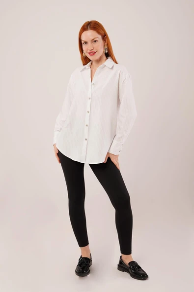 İnce Çizgi Detaylı Beyaz Gömlek - Resim 2