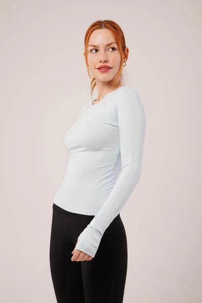 Uzun Kollu Basic Bebe Mavisi Bluz - Resim 3