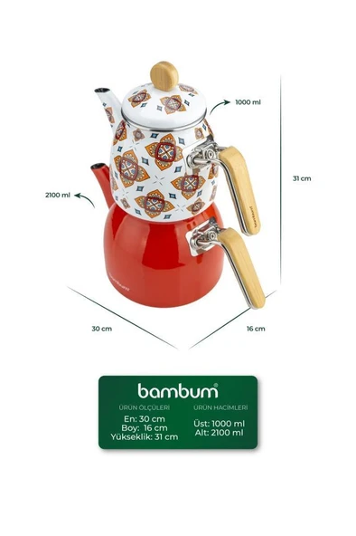 Bambum Unique - Bambu Kulplu Emaye Çaydanlık Takımı Turuncu - Resim 5