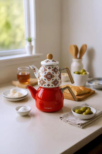 Bambum Unique - Bambu Kulplu Emaye Çaydanlık Takımı Turuncu - Resim 2