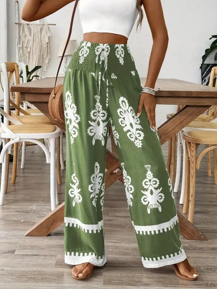 Kadın Yüksek Bel Büzgülü Etnik Desen Baskılı Süprem Pantolon - Resim 4