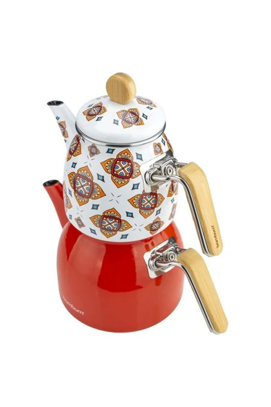 Bambum Unique - Bambu Kulplu Emaye Çaydanlık Takımı Turuncu - Resim 4