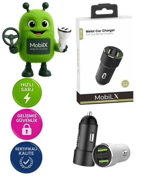 MobiLX MC-02 2.4A Çift USB Portlu Metal Araç Şarj Cihazı | Type-C ve Lightning Kablo Uyumlu – Siyah - 1