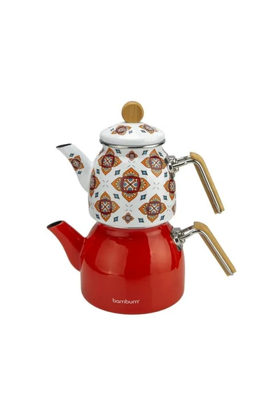 Bambum Unique - Bambu Kulplu Emaye Çaydanlık Takımı Turuncu - Resim 3