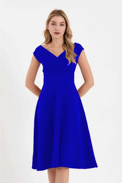 Kadın Kısa Kollu Kruvaze Yaka Eteği Volanlı Krep Elbise - Resim 4