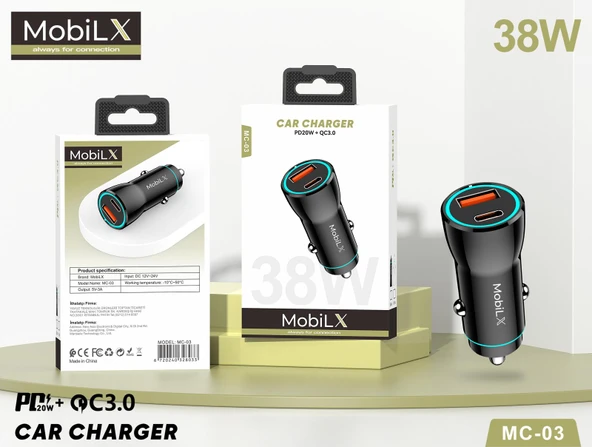 MobiLX MC-03 38W PD + QC3.0 Metal Araç Şarj Cihazı – USB & Type-C Hızlı Çakmaklık Adaptörü - 5