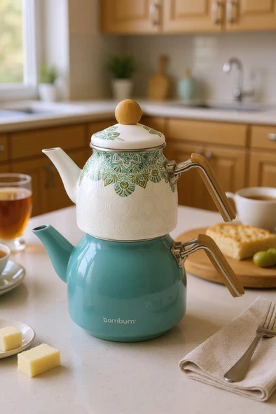 Bambum Unique - Bambu Kulplu Emaye Çaydanlık Takımı Turkuaz ürün görseli