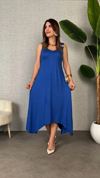 Kadın çan Dokuma Kumaş V Yaka Asimetrik Kesim Elbise - Resim 4