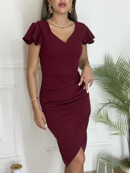 QKadın Kısa Kollu Kalp Yaka Yanlardan Büzgü Detay Midi Janjan Krep Elbise - Resim 4
